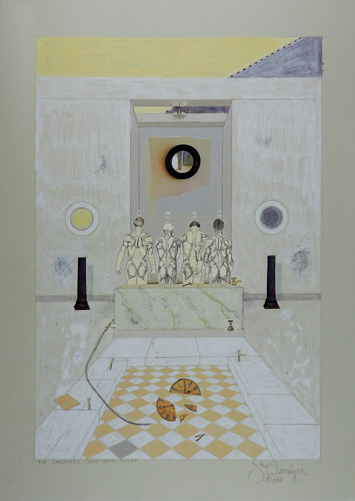 The Candidates Show Their Stuff, 22 x 30, prismacolor drawing and collage on paper, 2000